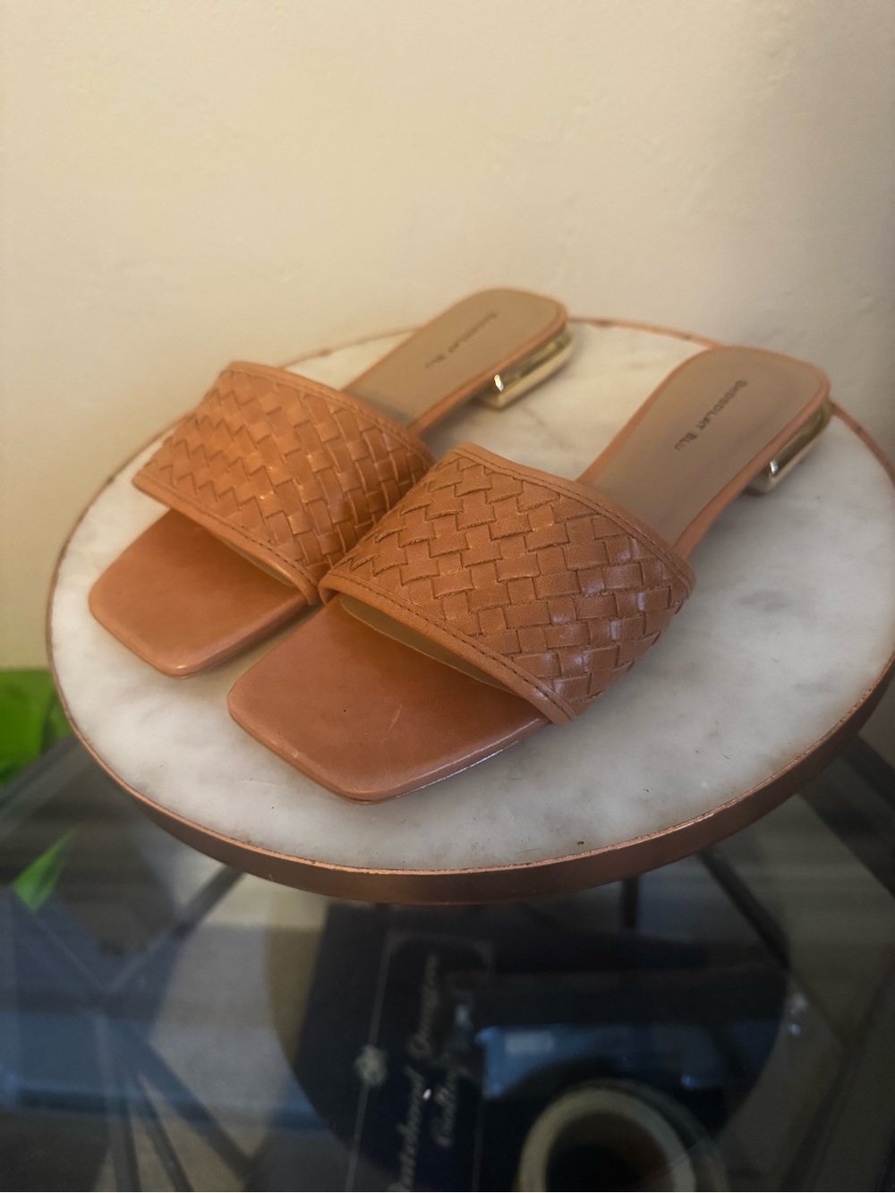 Chocolat Blu Woven Slide Mules in Tan